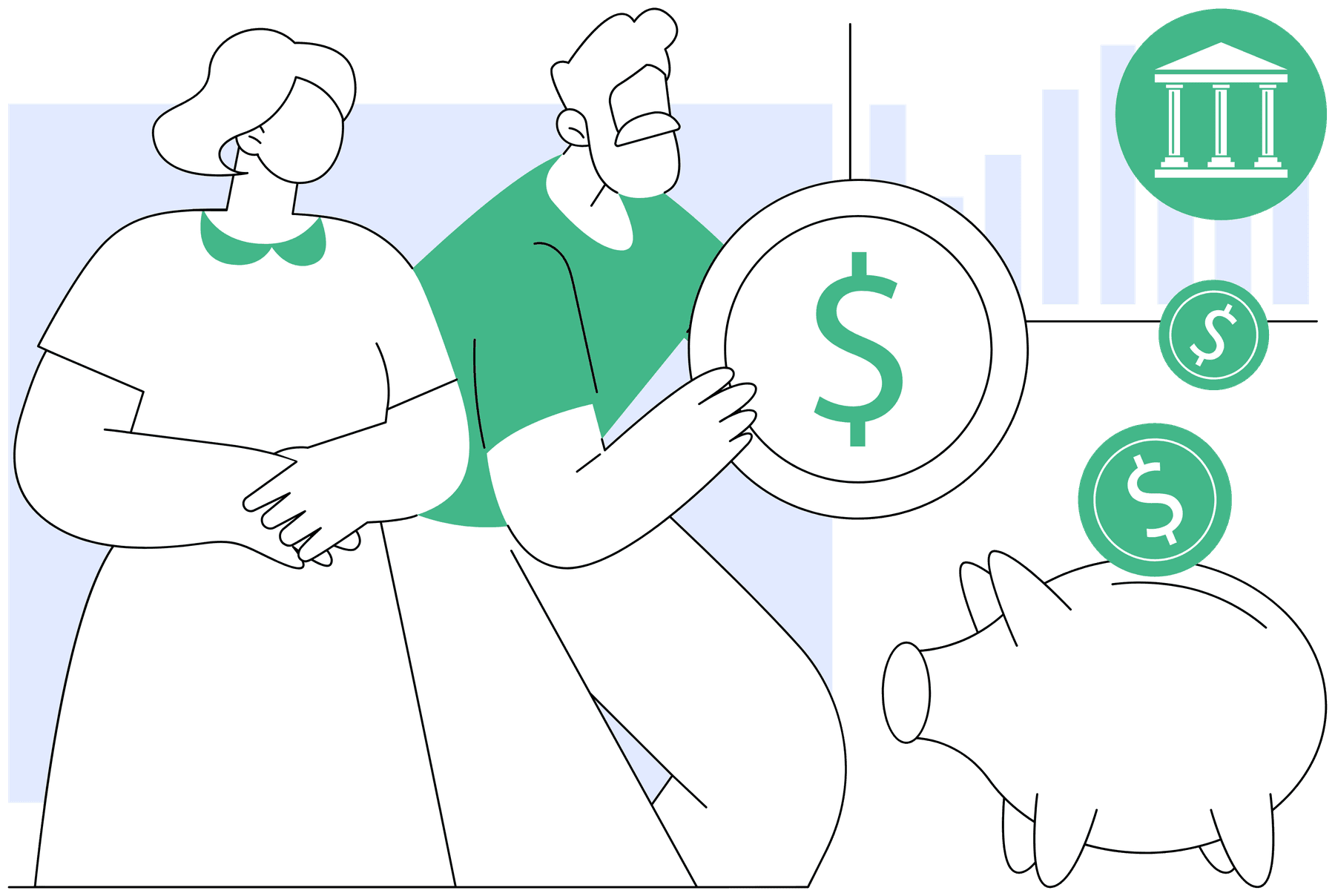 Illustration of a couple building a nest egg toward a home