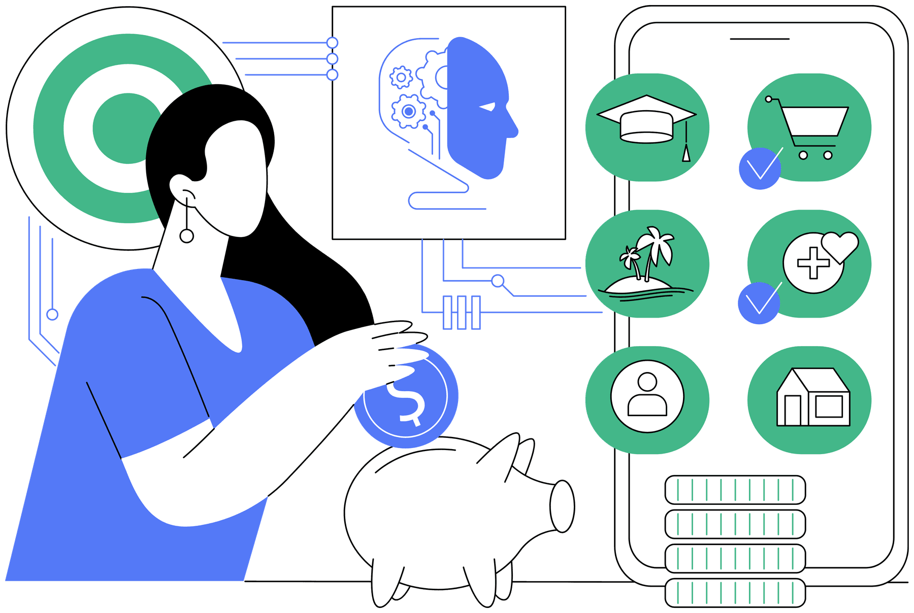 Illustration of someone using savings tools to track goals toward a home
