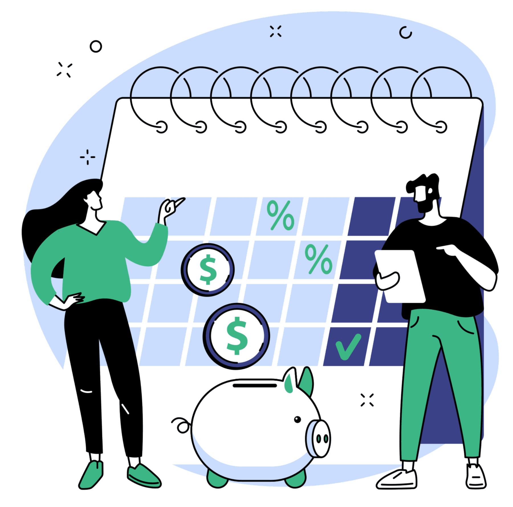 Illustration of two people planning savings milestones on a calendar