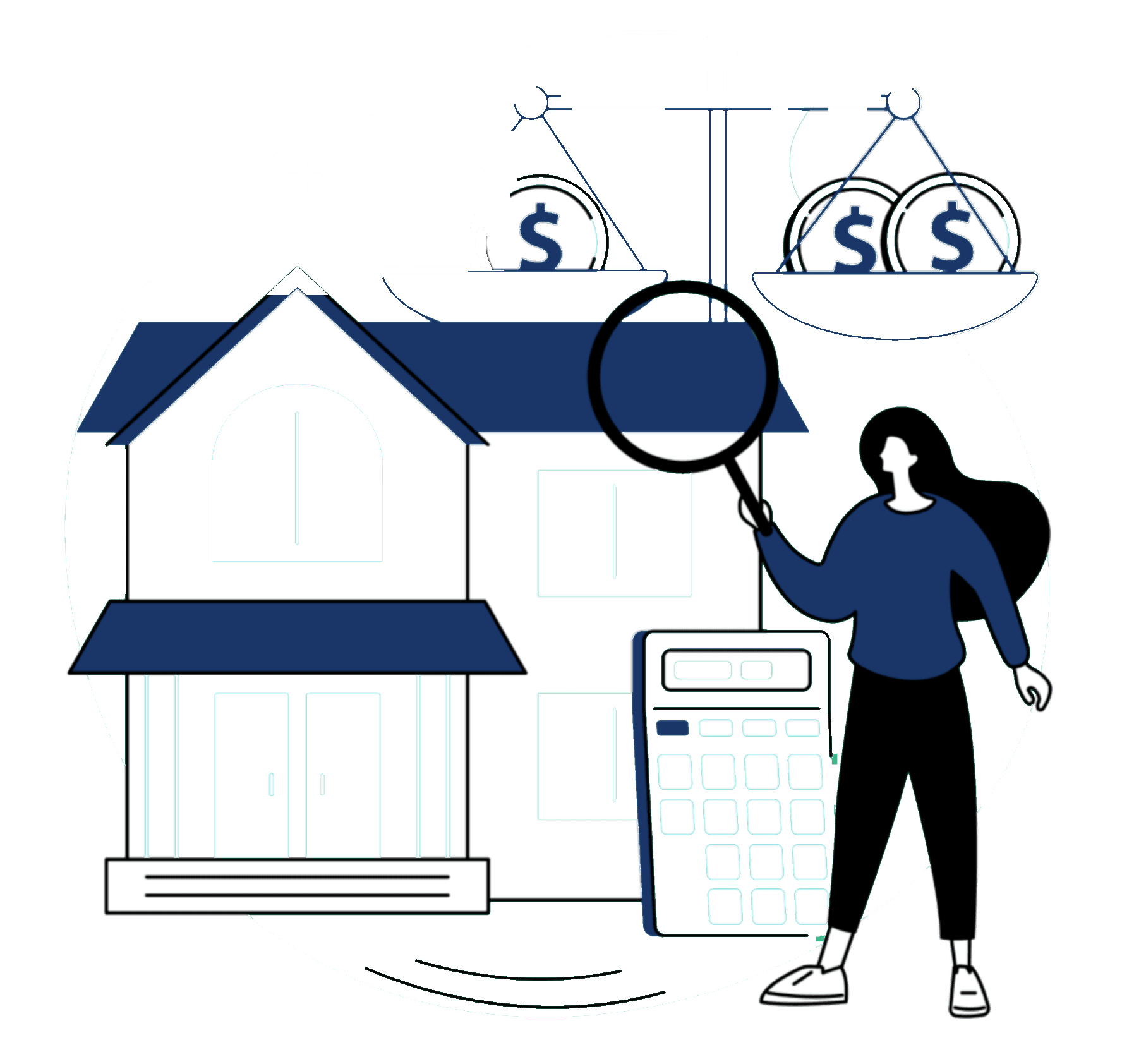 Illustration of reviewing a home with financial tools for wellness and ownership